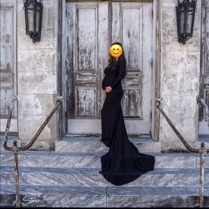 Black long sleeve dress w/ train